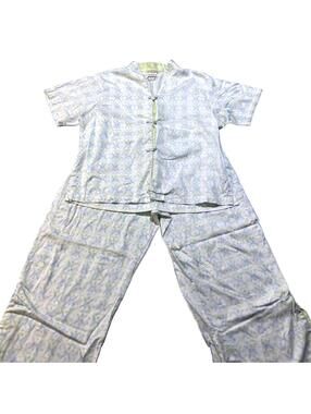 Vintage Natori Pajama Set Large 100% Cotton Blue Yellow Pattern Japanese Style